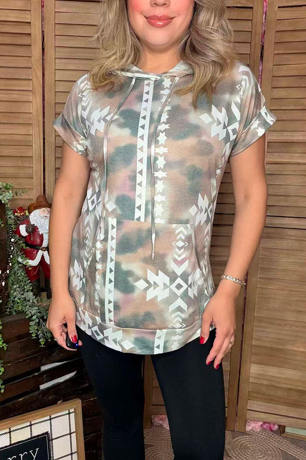 Aztec printed short sleeve hoodie for women w/front pockets GJQ9886