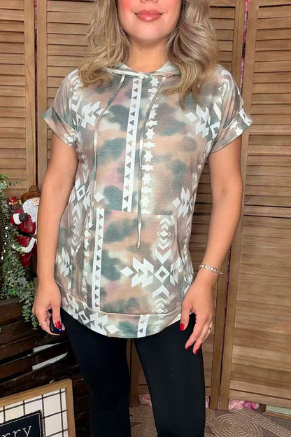Aztec printed short sleeve hoodie for women w/front pockets GJQ9886