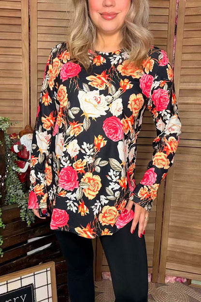 Floral multi color printed long sleeve women black tops GJQ15766