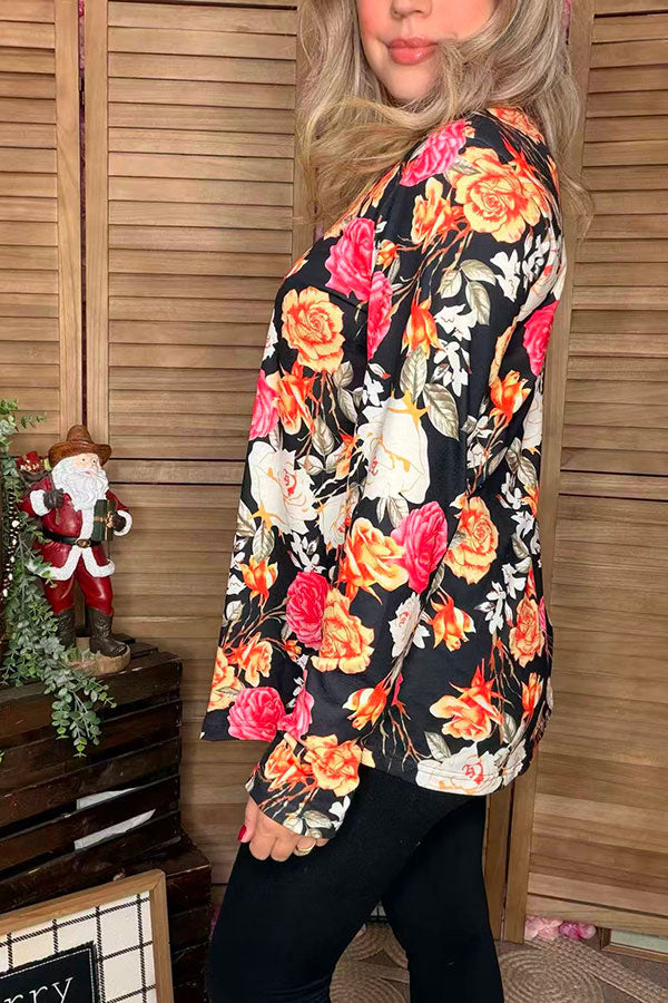 Floral multi color printed long sleeve women black tops GJQ15766
