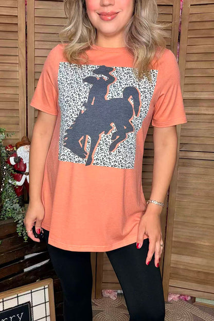 Coral short sleeve women top with bronc rider graphic XCH14128