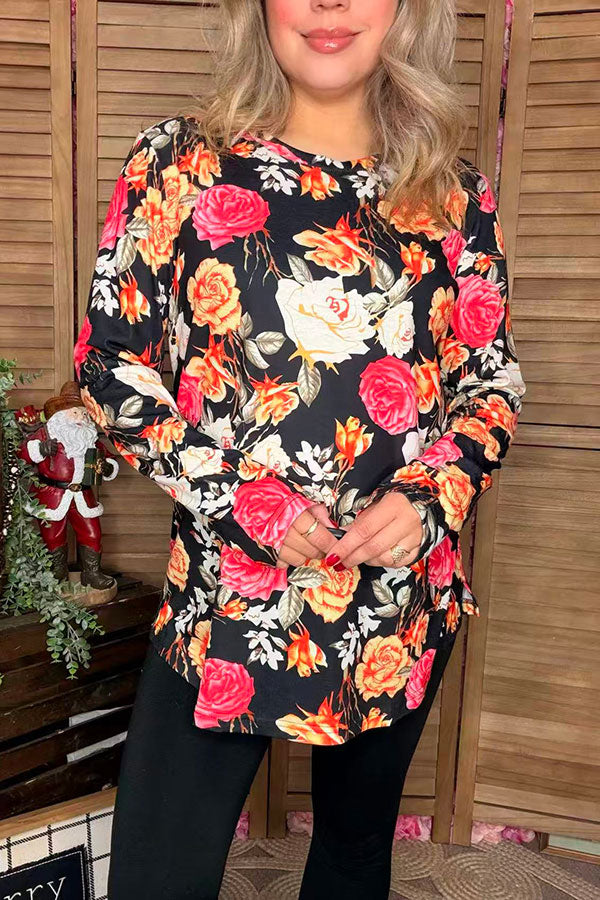 Floral multi color printed long sleeve women black tops GJQ15766