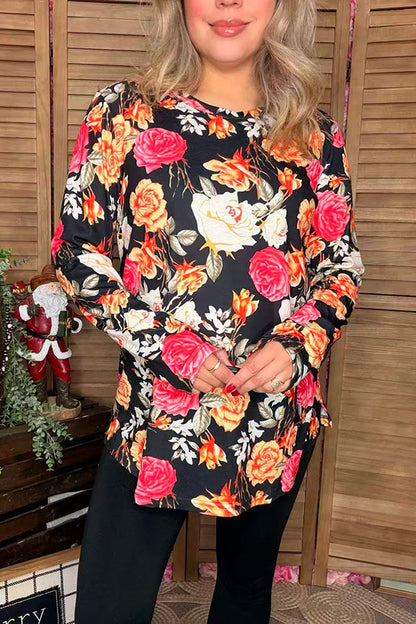 Floral multi color printed long sleeve women black tops GJQ15766