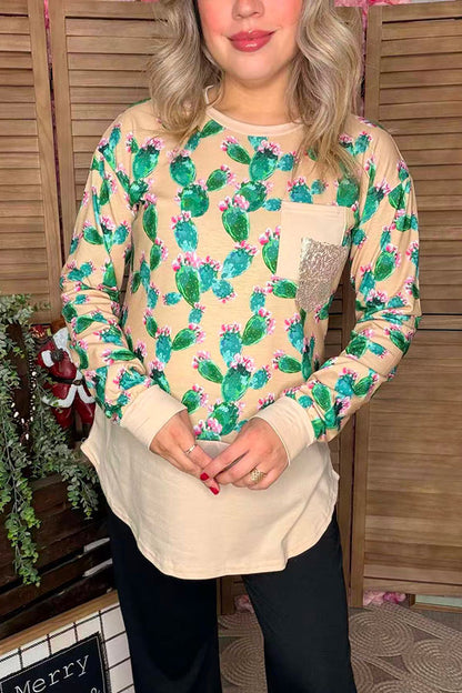 Beige cactus printed long sleeve top w/double front pocket BQ11150 (DS9)