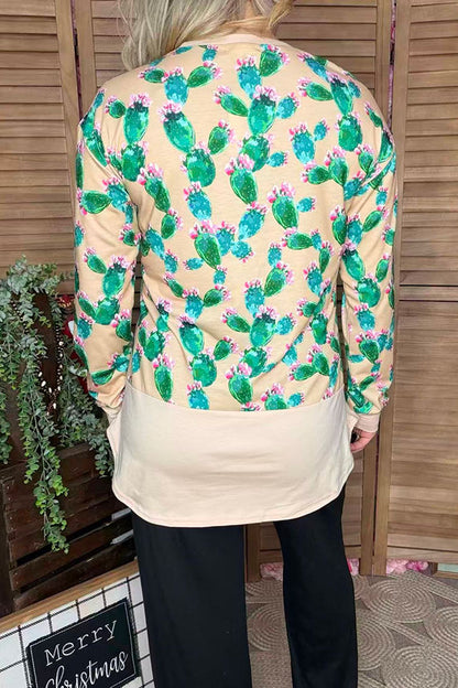 Beige cactus printed long sleeve top w/double front pocket BQ11150 (DS9)