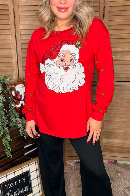 Sequin christmas santa green pompoms long sleeve red women top XCH16656