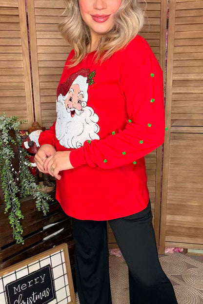 Sequin christmas santa green pompoms long sleeve red women top XCH16656