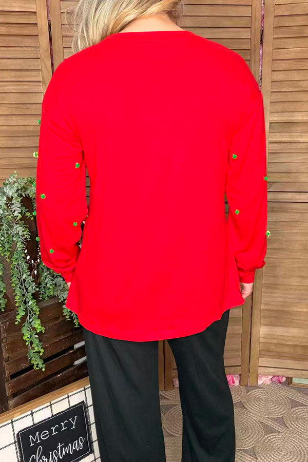 Sequin christmas santa green pompoms long sleeve red women top XCH16656