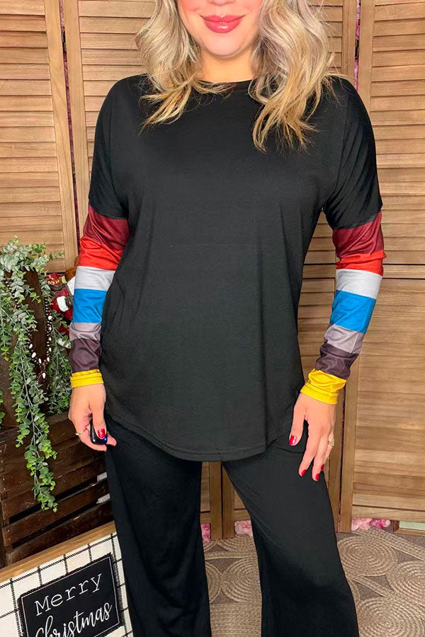 Black w/multi color block sleeves women top LW8513