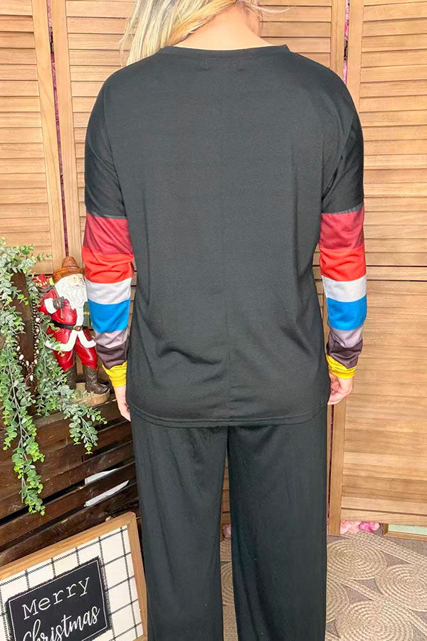 Black w/multi color block sleeves women top LW8513