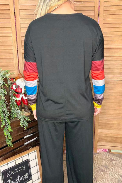 Black w/multi color block sleeves women top LW8513