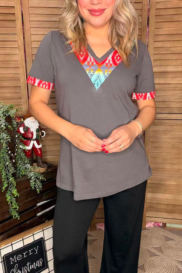 Multi color aztec patch & grey short sleeve women t-shirt GJQ12380