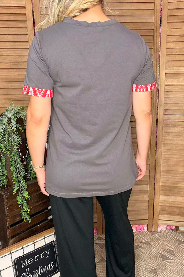 Multi color aztec patch & grey short sleeve women t-shirt GJQ12380