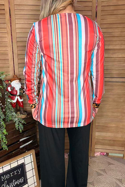 GJQ8549 Serape & leopard v-neck cut long sleeve top w front pocket (DS12)