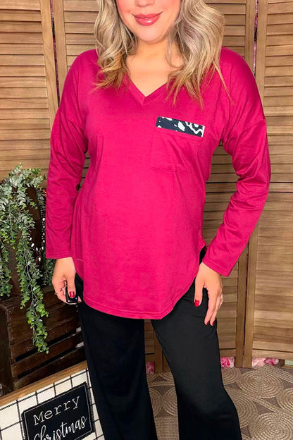 GJQ9792-1 Solid Fuchsia v-neck long sleeve top w/cow print front pocket (DS13)