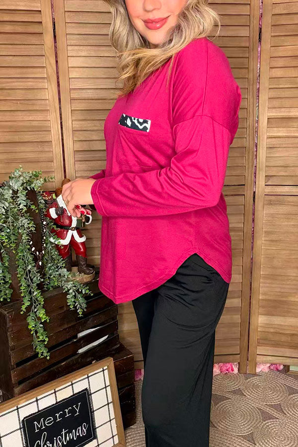 GJQ9792-1 Solid Fuchsia v-neck long sleeve top w/cow print front pocket (DS13)
