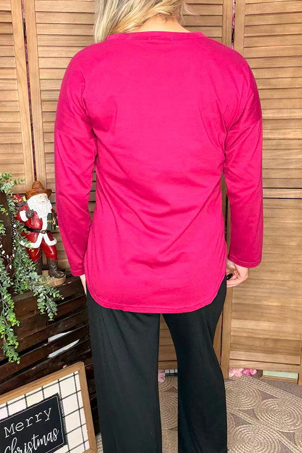 GJQ9792-1 Solid Fuchsia v-neck long sleeve top w/cow print front pocket (DS13)