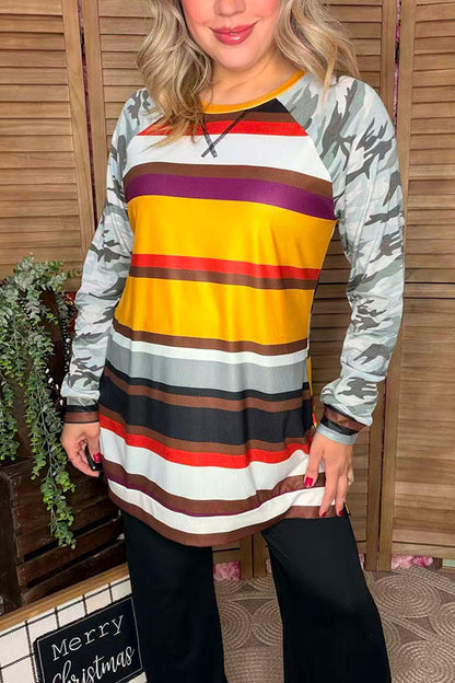 BQ8140 Multi color striped raglan women top w/camo sleeve with cross line (DS11)