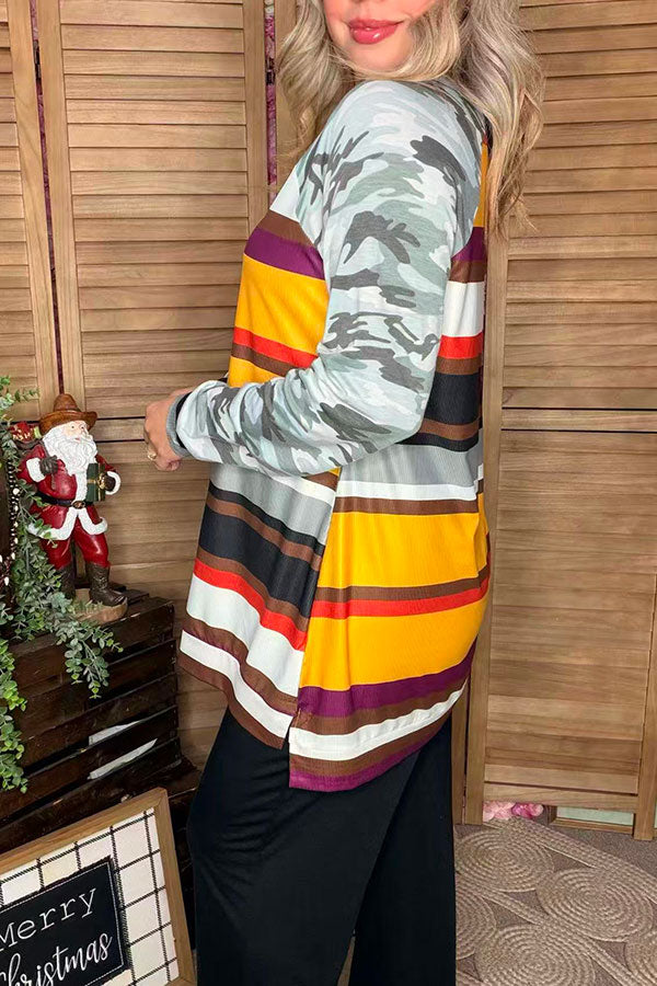 BQ8140 Multi color striped raglan women top w/camo sleeve with cross line (DS11)