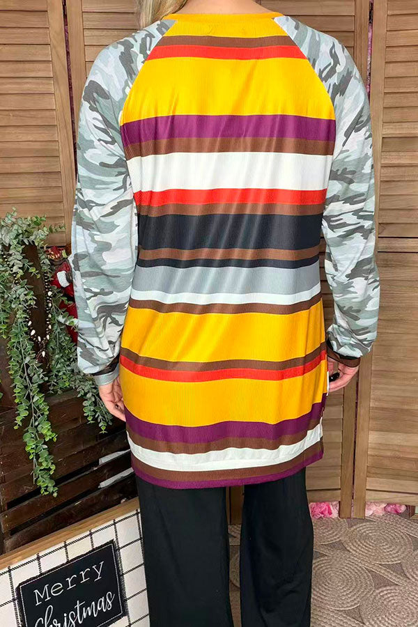BQ8140 Multi color striped raglan women top w/camo sleeve with cross line (DS11)