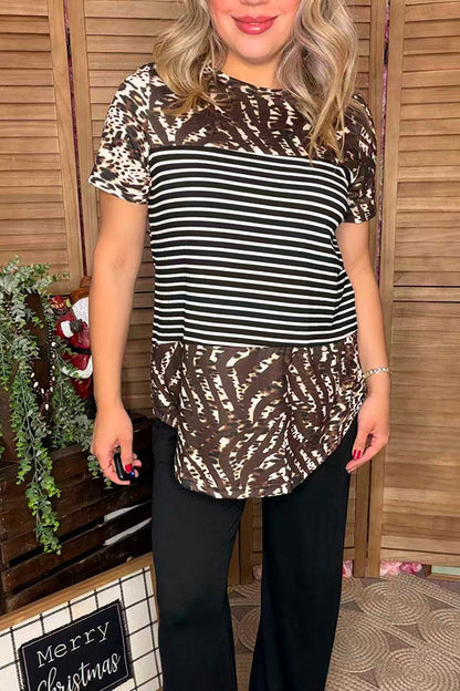 XCH11164 Brown leopard & black/white striped printed short sleeve women top