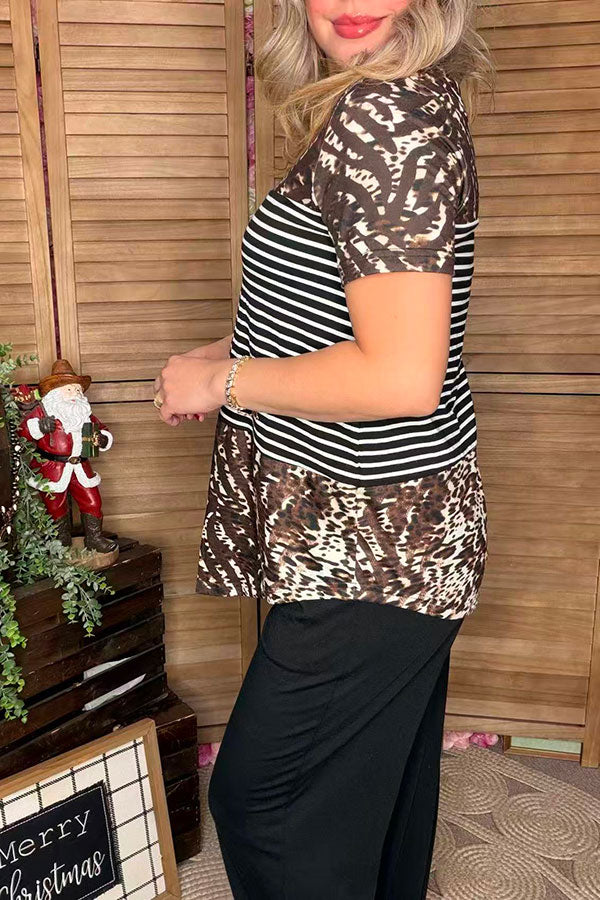 XCH11164 Brown leopard & black/white striped printed short sleeve women top