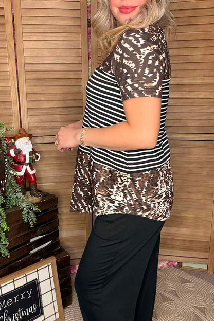XCH11164 Brown leopard & black/white striped printed short sleeve women top