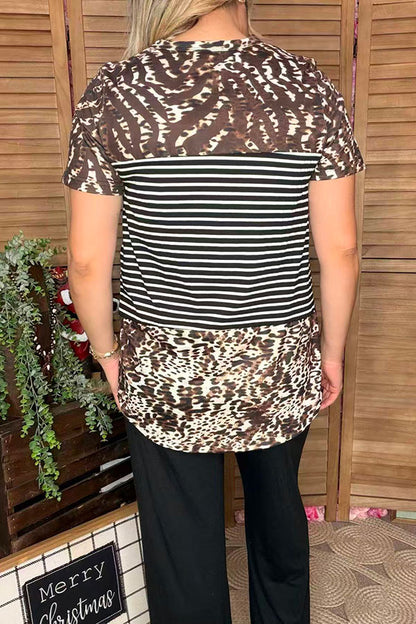 XCH11164 Brown leopard & black/white striped printed short sleeve women top