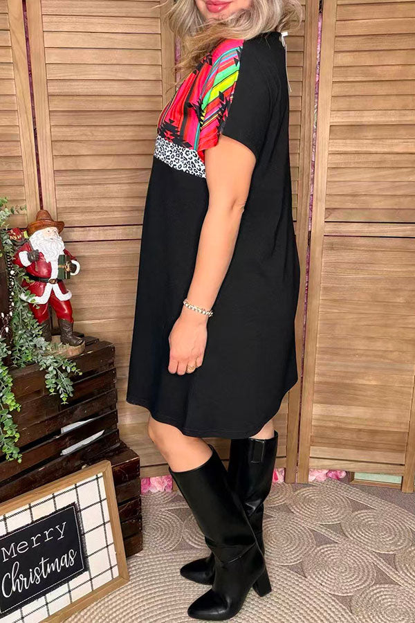 Aztec & leopard printed & black color block short sleeve women dresses XCH15544 AS12