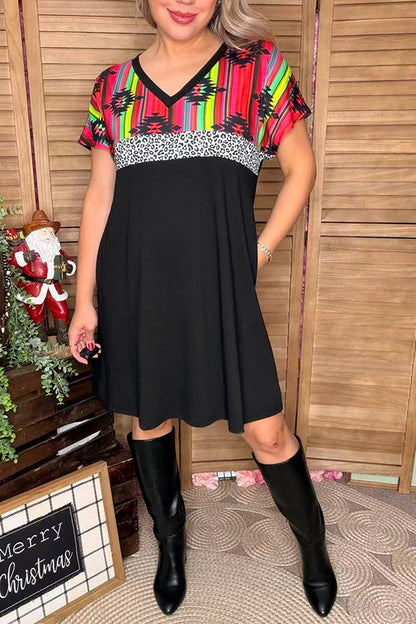 Aztec & leopard printed & black color block short sleeve women dresses XCH15544 AS12