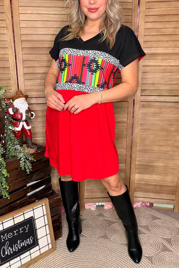 Western serape & Aztec printed red color block short sleeve women dress XCH15542 (BS8)