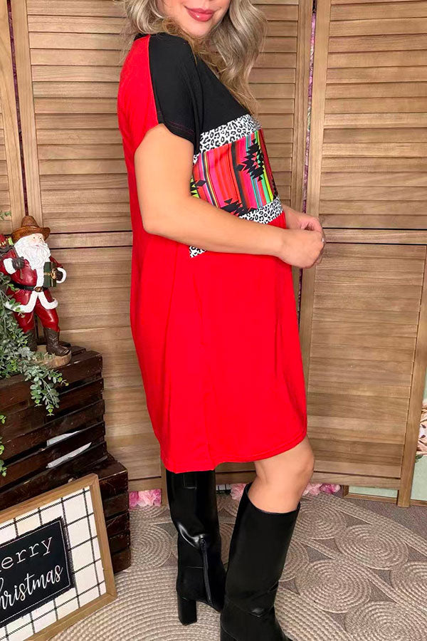 Western serape & Aztec printed red color block short sleeve women dress XCH15542 (BS8)
