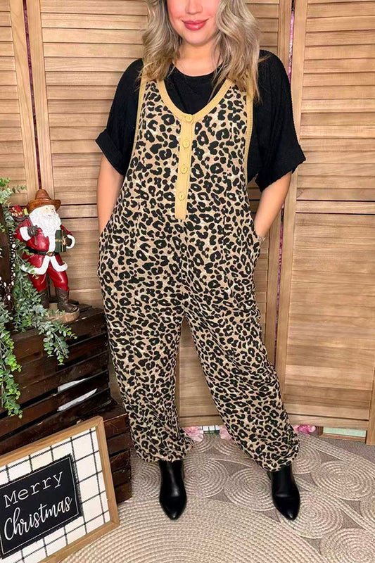 Knitted leopard one piece women jumpsuit w/buttons & pocket XCH16716