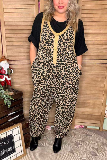 Knitted leopard one piece women jumpsuit w/buttons & pocket XCH16716