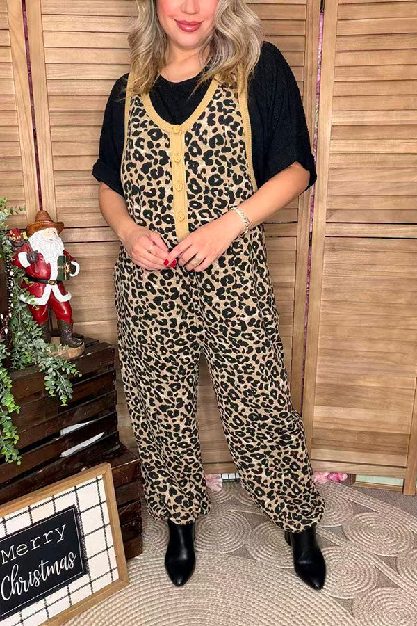 Knitted leopard one piece women jumpsuit w/buttons & pocket XCH16716