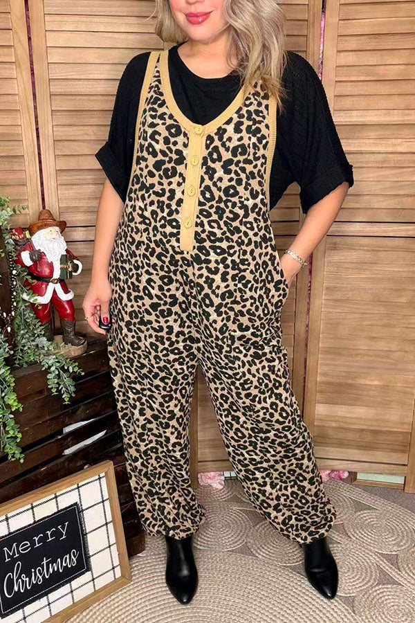 Knitted leopard one piece women jumpsuit w/buttons & pocket XCH16716
