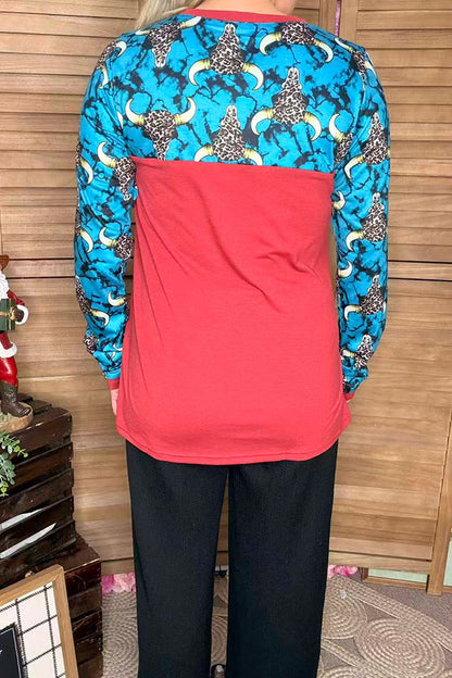 Leopard bull head printed & rust red long sleeve women top GJQ9883