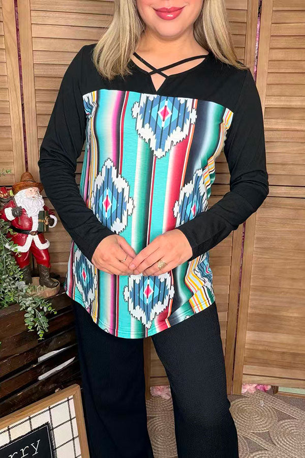 Aztec printed black long sleeve women top w/cross neckline GJQ9857