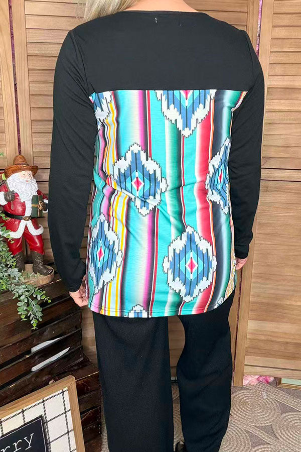 Aztec printed black long sleeve women top w/cross neckline GJQ9857