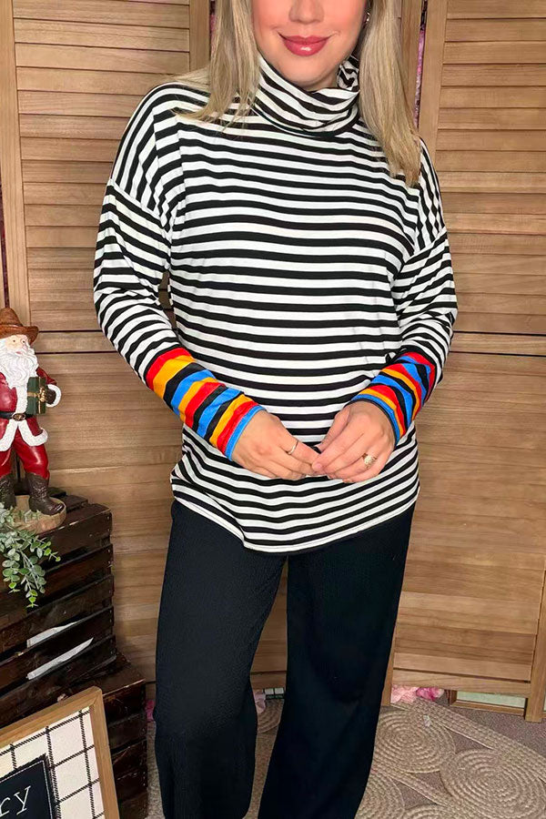 Striped printed mock neck pullover women top YMY6803