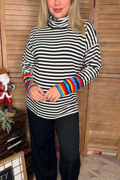 Striped printed mock neck pullover women top YMY6803