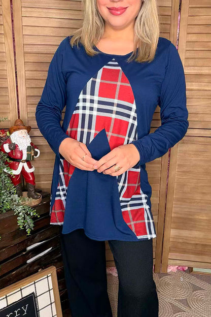Navy blue long sleeve women top w/ plaid multi color print FW5687