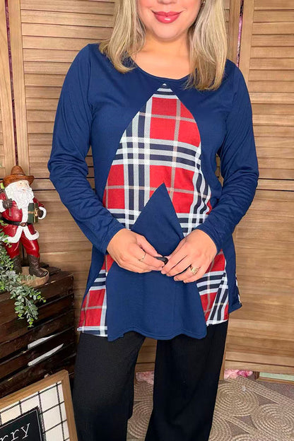 Navy blue long sleeve women top w/ plaid multi color print FW5687