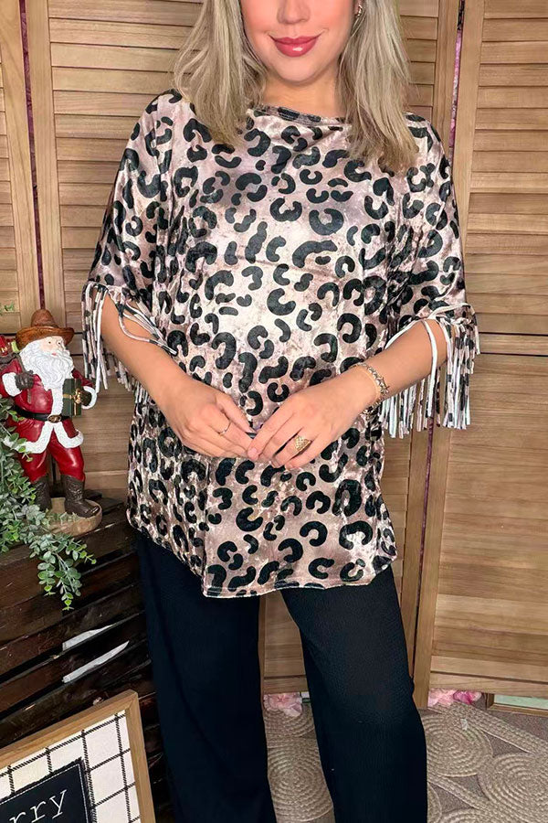 Leopard velvet fringe short sleeve women top DLH13665