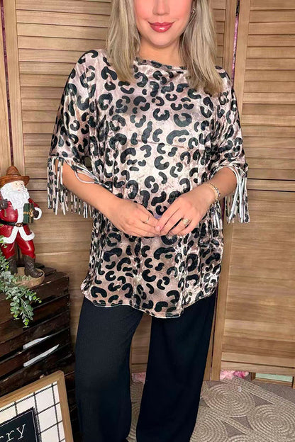 Leopard velvet fringe short sleeve women top DLH13665