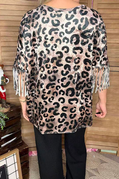 Leopard velvet fringe short sleeve women top DLH13665