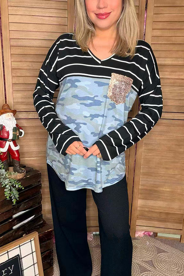 Wholesale camo/striped printed long sleeve women top YMY9868