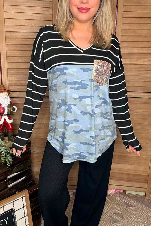 Wholesale camo/striped printed long sleeve women top YMY9868