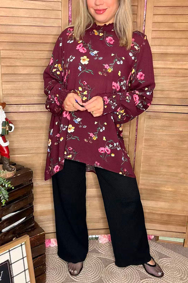 Floral high low style mock neck long sleeve women top YT1130