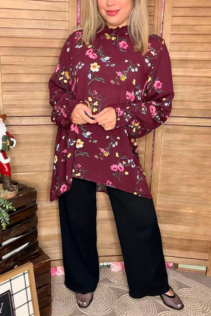 Floral high low style mock neck long sleeve women top YT1130